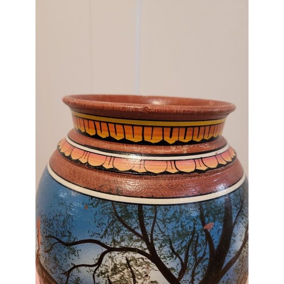 Marked Elephant Painted Wood Vase 11.5 Inch Multiple Elephants Red Yellow - Picture 7 of 16